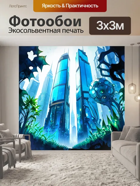 Фотообои визуализация футуристического города, где сильный синий цвет преобладает в архитектуре