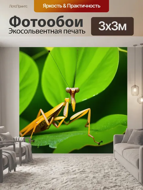 Фотообои изображение величественного богомола на фоне ярко-зеленых листьев