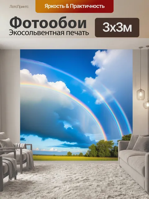 Фотообои небо с радугой и облаками в форме животных