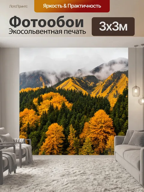 Фотообои золотые горы и лес, покрытые туманом