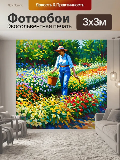 Фотообои садовод, ухаживающий за цветами в цветнике, стиль масляной живописи, яркие цвета и реалистичные детали