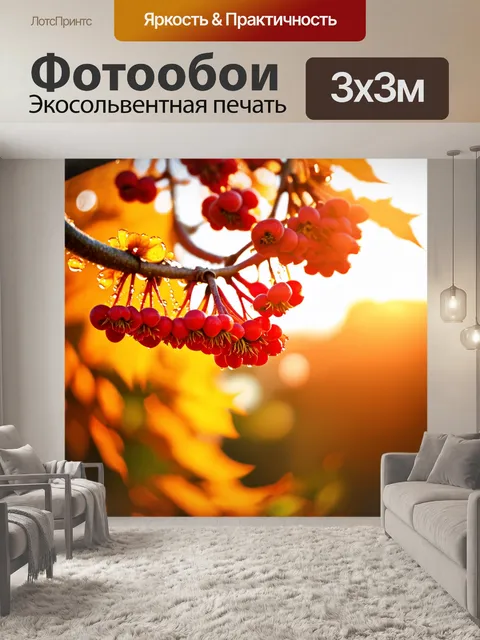 Фотообои крупный план рябины с ягодами , которые сияют под ярким солнечным светом