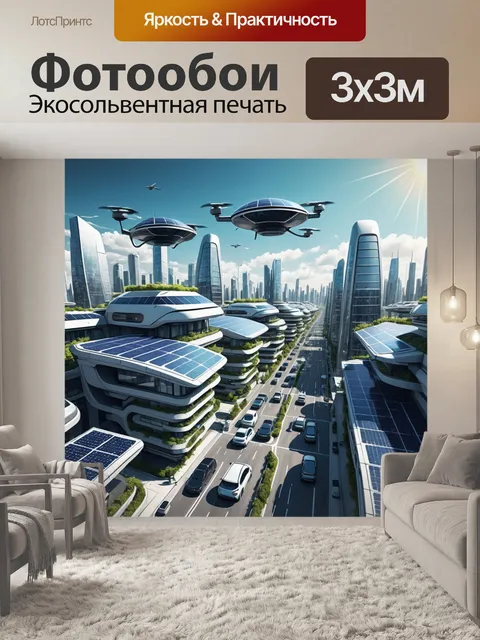 Фотообои город в стиле скетч, футуристический город с летающими машинами и солнечными панелями на крышах