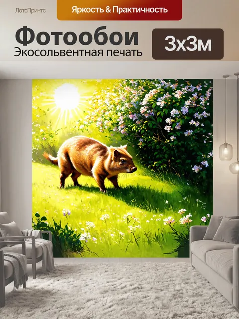 Фотообои капибара мирно пасется на зелёной лужайке, окруженная роскошными цветущими кустарниками