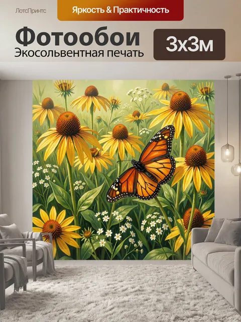 Фотообои Бабочка среди жёлтых цветов