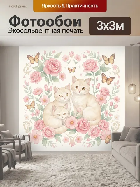 Фотообои Котята среди роз и бабочек