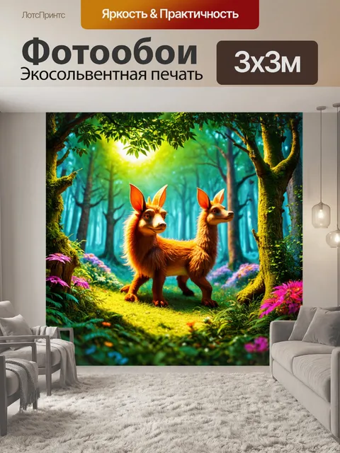 Фотообои сказочный лес с мифическими существами, выполненный в стиле фэнтези с яркими цветами и атмосферой волшебства