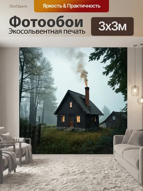 Фотообои туман в стиле гиперреализм, уютный домик с печкой, дымящийся в туманной деревне