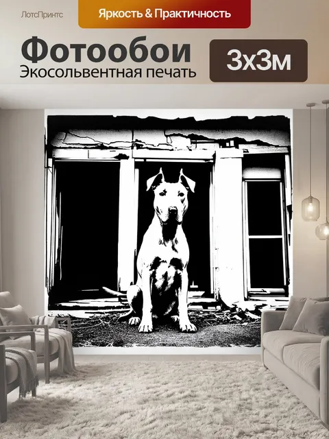 Фотообои бультерьер, мирно сидящий на фоне старого заброшенного здания, смотрящий с любопытством