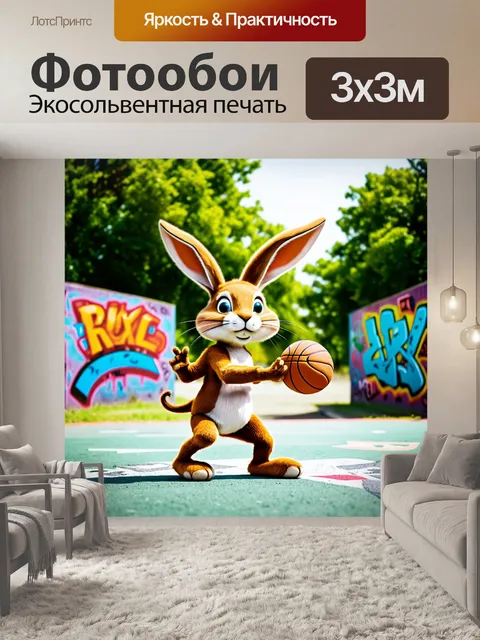 Фотообои забавный заяц, играющий в баскетбол в парке, с красочными граффити и атмосферой радости, в стиле уличного…