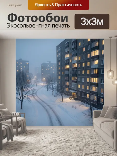 Фотообои Зимний двор многоэтажек в тумане