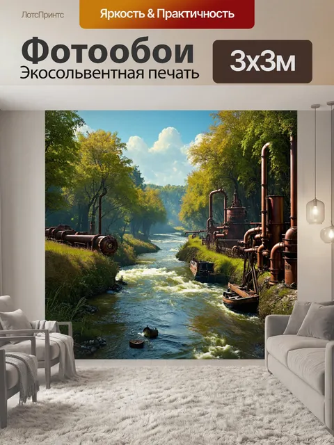 Фотообои природа в стиле стимпанк, река с берегами, украшенными трубами и механическими устройствами