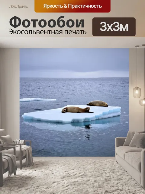 Фотообои спокойный день на открытом океане, где тюлени находятся в своем естественном окружении, отдыхая на плоту льда