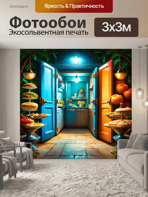 Фотообои в стиле сюрреализм, где двери открываются в разные миры, наполненные необычными кулинарными чудесами