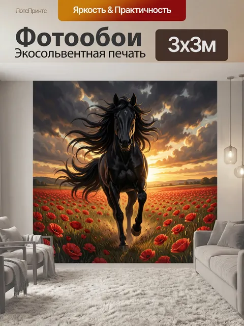 Фотообои Черный конь в поле маков