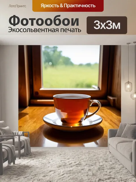 Фотообои чашка чая на деревянном столе рядом с открытым окном