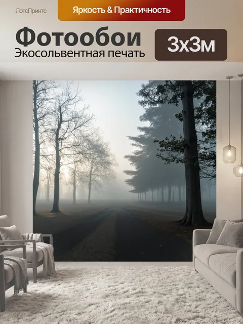 Фотообои туман в стиле минимализм, просветы в тумане и длинные тени деревьев