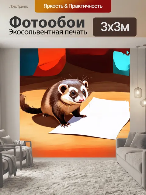 Фотообои хорек исследует белый лист бумаги, его взгляд полон любопытства и озорства