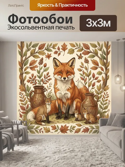 Фотообои Лиса и лисята среди осенних ветвей