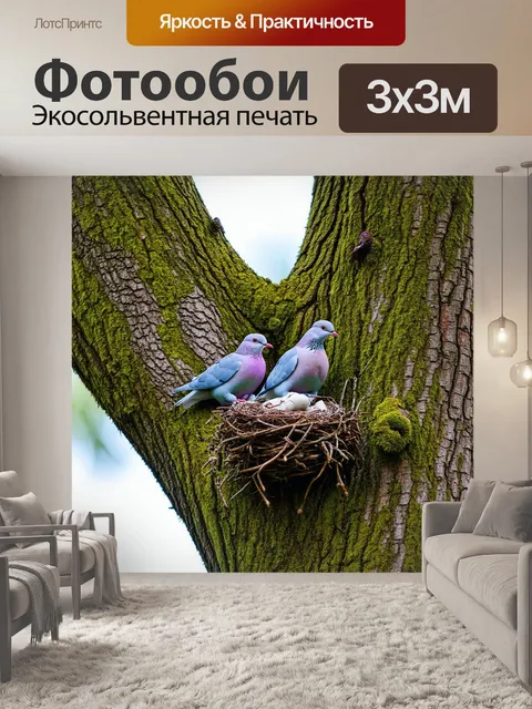 Фотообои пара голубей, вылетающих из гнезда в ветвях старого дуба, покрытого мхом