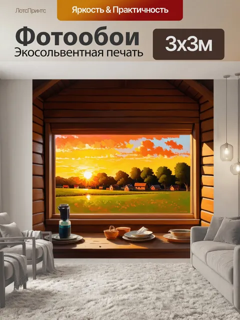 Фотообои из окна небольшой деревенской хижины открывается вид на закат за поляной