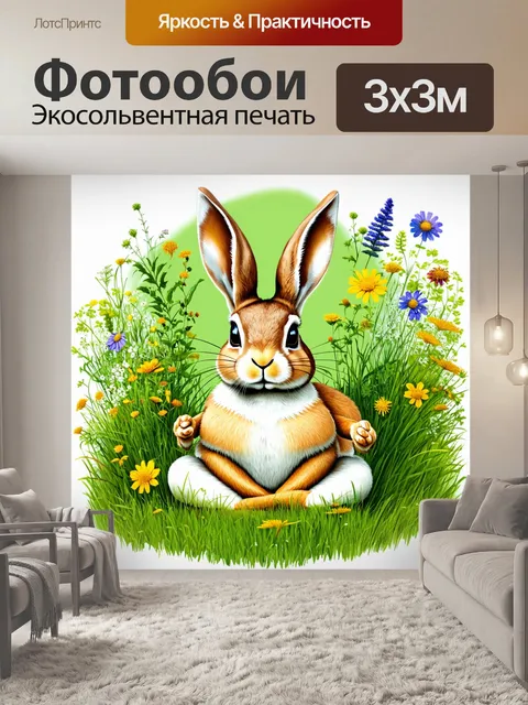 Фотообои заяц, уютно устроившийся в траве, медитирует, окружённый полевыми цветами и зеленью