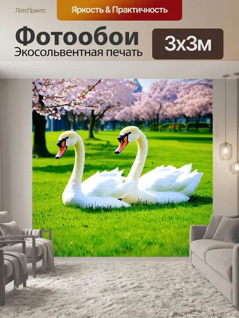 Фотообои лебеди, сидящие на зелёной лужайке с цветами сакуры вокруг, создают гармонию