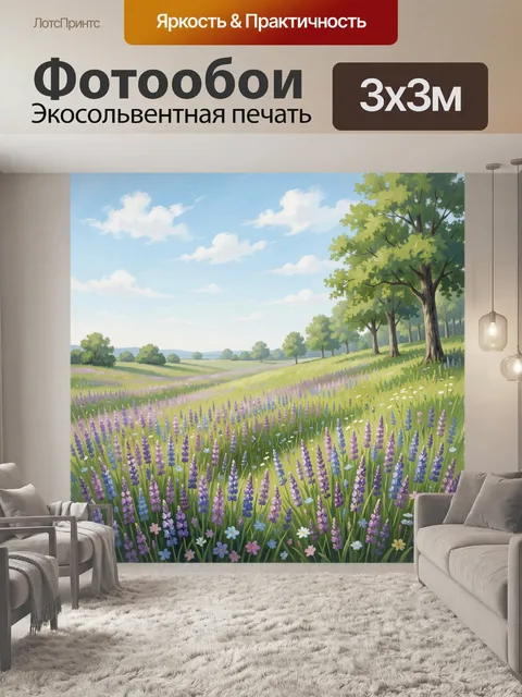 Фотообои Летний луг с цветами и деревьями