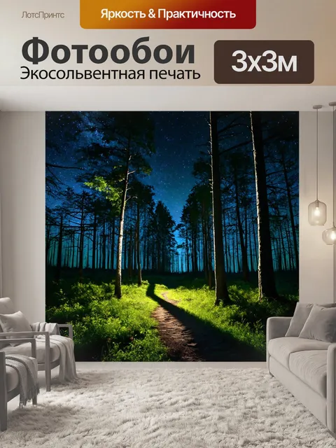 Фотообои ночной лес с загадочными тенями, светлые звёзды на небе, тихий шёпот природы