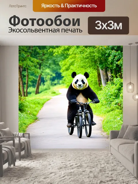 Фотообои панда катается на велосипеде по тропинке в парке