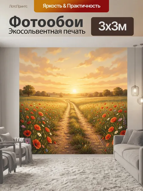 Фотообои Поле с маками и закатной дорогой
