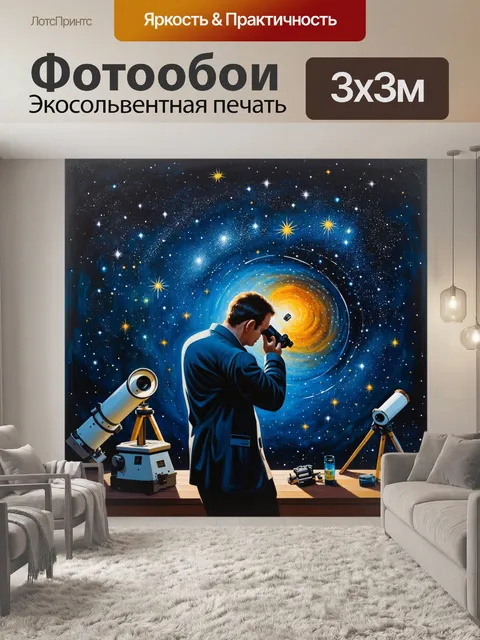 Фотообои астроном, который смотрит через телескоп на звезды, в окружении телескопов и звездных карт