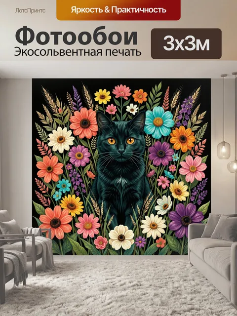 Фотообои Черный кот среди цветов