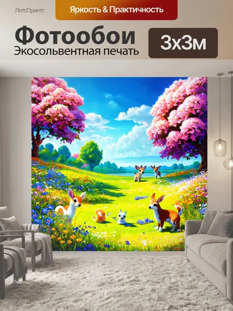 Фотообои пейзаж в стиле двухмерная иллюстрация, волшебная сказка с цветами и животными, яркие цвета и понимание жизни
