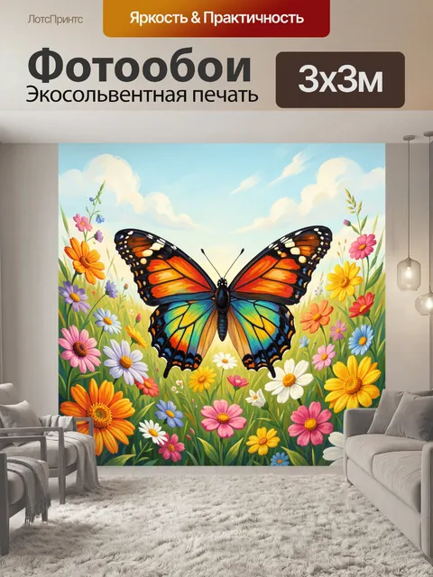 Фотообои Бабочка над лугом в цветах