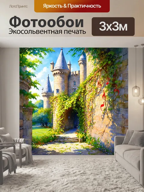 Фотообои вьюнки в форме мелодий, извивающиеся по стенам старинного замка, создавая ощущение волшебства и романтики