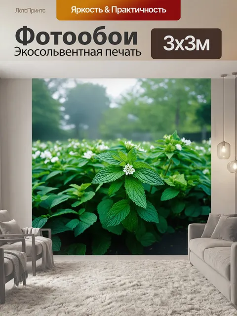 Фотообои мятный цвет изображают пышный сад с мятными цветами и зелеными насаждениями, окружённый утренним туманом