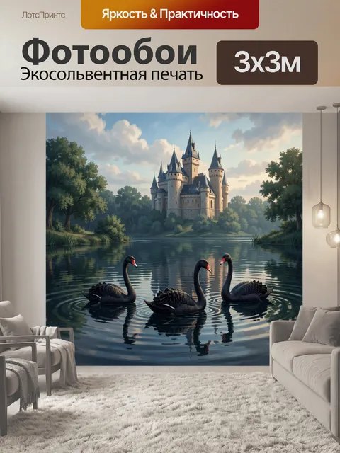 Фотообои Замок у лесного озера с лебедями