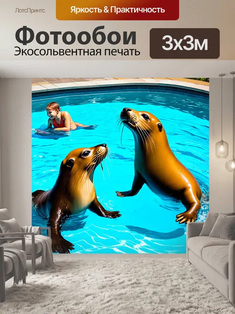 Фотообои смешной морской котик является тренером по плаванию, обучающим деток в бассейне