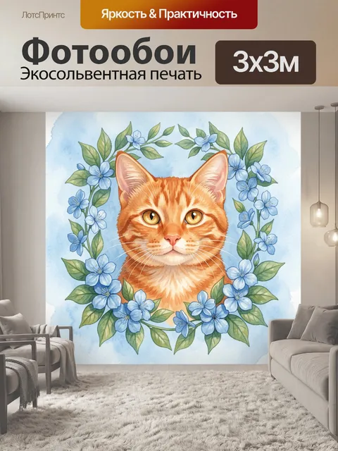 Фотообои Рыжий кот с голубыми цветами