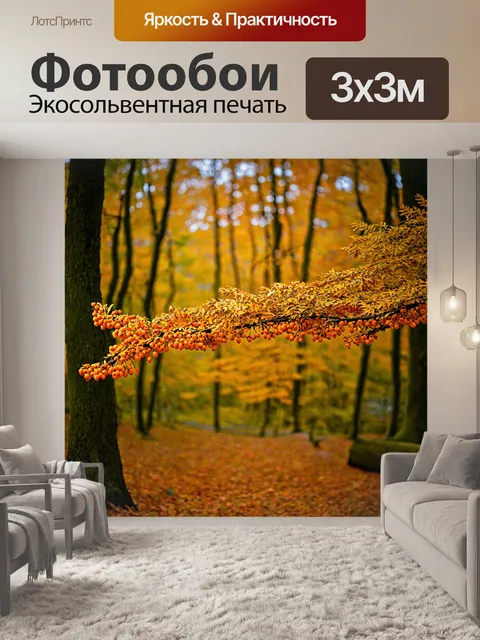 Фотообои осенний лес с искрящейся рябиной и золотыми листьями