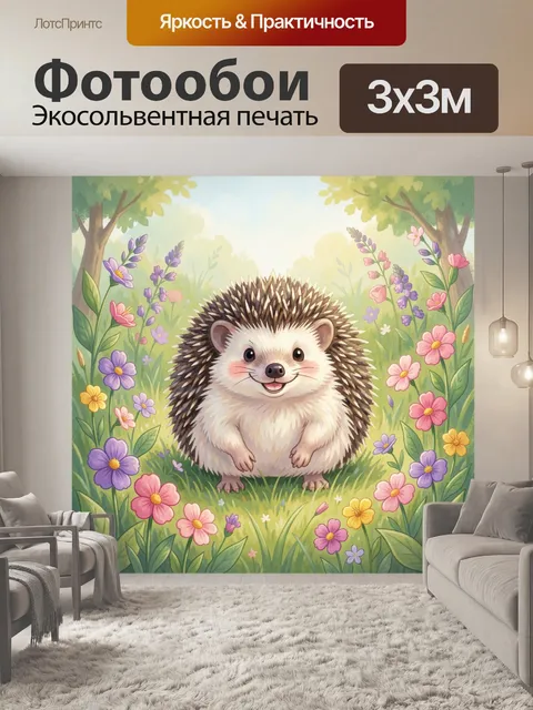 Фотообои Ёжик на цветочной поляне