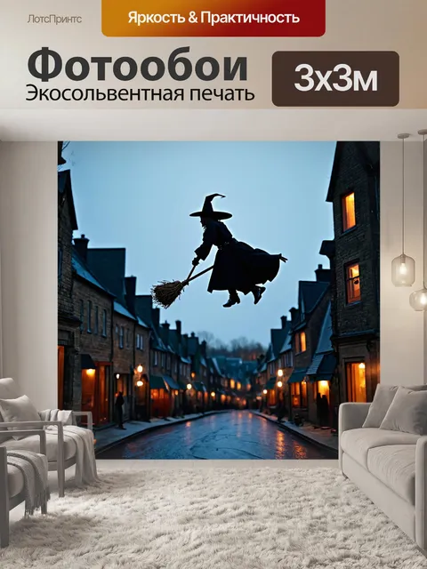 Фотообои хэлуин: ведьма на метле, пролетающая над городом