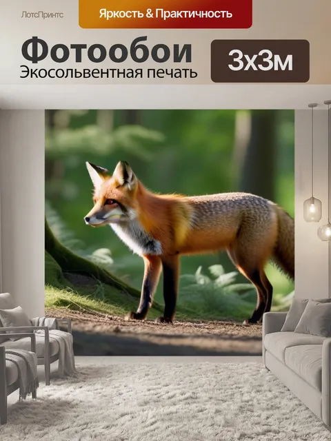 Фотообои лиса, бродящая по лесу в солнечный день