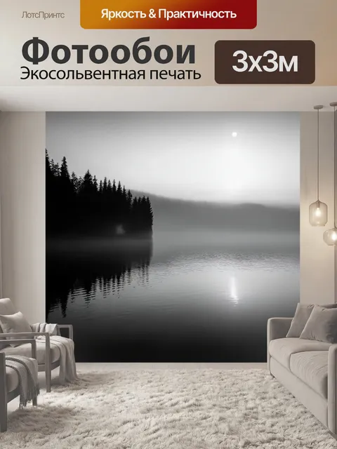 Фотообои черно-белый представляют собой панораму тихого озера на рассвете