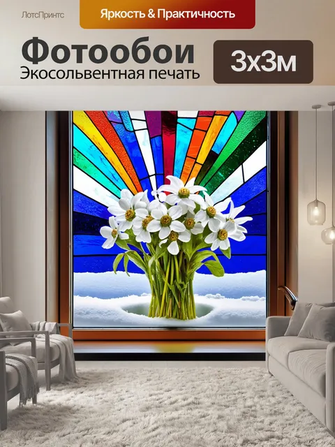 Фотообои окно с витражами, через которое поступает свет, создавая радугу на букете из белоснежных цветов