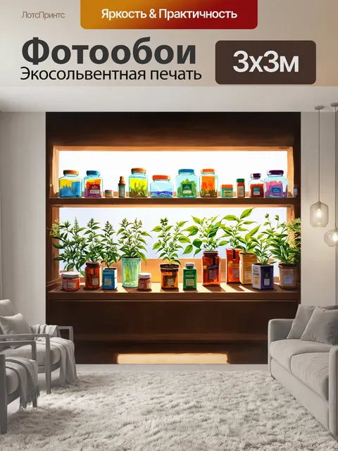 Фотообои в центре изображения — стеллаж с разноцветными баночками и упаковками препаратов