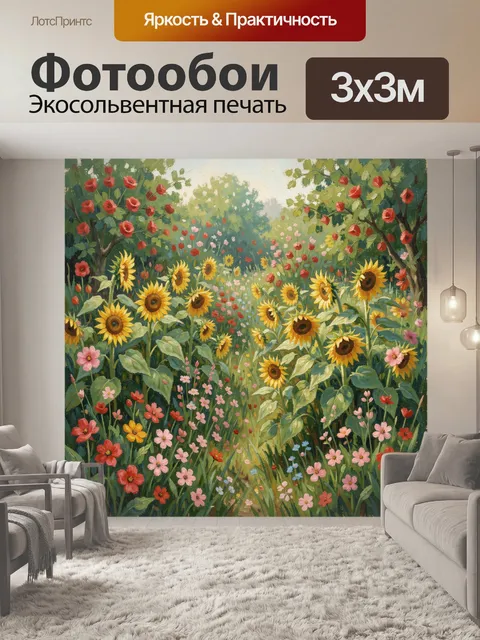 Фотообои Подсолнухи и цветущий сад