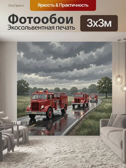 Фотообои Пожарные машины на мокрой дороге
