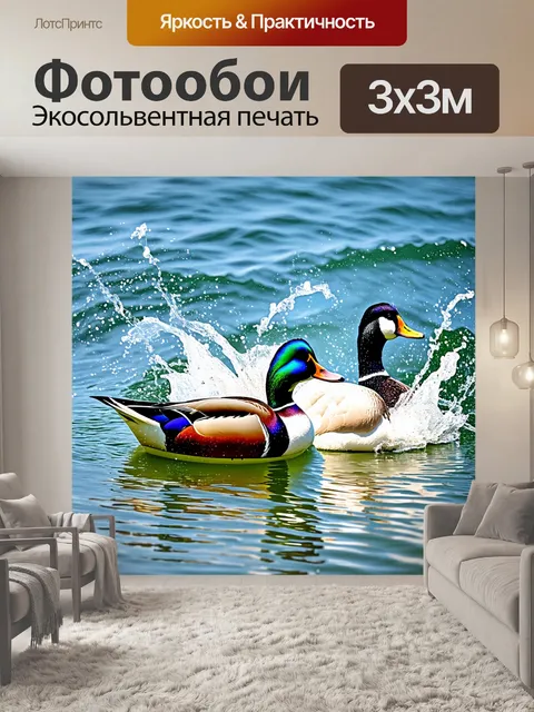 Фотообои утка и гусь катаются на лодке по озеру, поднимая волны